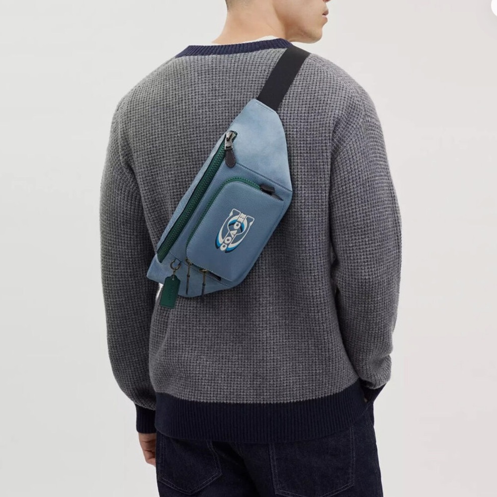 Coach Track large Belt Bag suede blue With Coach Stamp Gunmetal hardware NWT